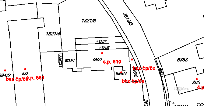 Rožnov pod Radhoštěm 610 na parcele st. 696/2 v KÚ Rožnov pod Radhoštěm, Katastrální mapa