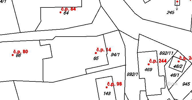 Chocerady 14 na parcele st. 65 v KÚ Chocerady, Katastrální mapa