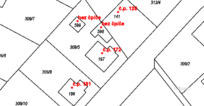 Přední Ptákovice 172, Strakonice na parcele st. 197 v KÚ Přední Ptákovice, Katastrální mapa