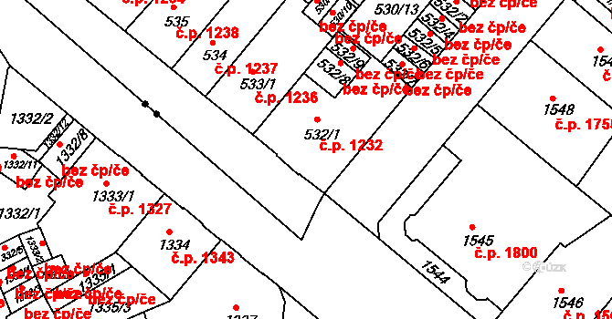 Trnovany 1232, Teplice na parcele st. 532/1 v KÚ Teplice-Trnovany, Katastrální mapa