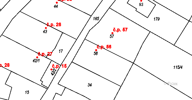 Barchůvek 56, Měník na parcele st. 58 v KÚ Barchůvek, Katastrální mapa