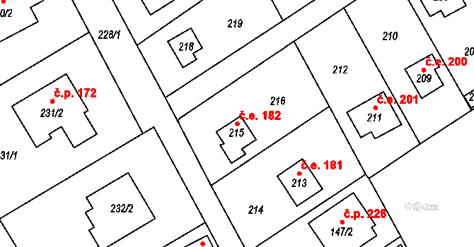 Točná 182, Praha na parcele st. 215 v KÚ Točná, Katastrální mapa
