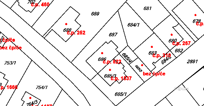 Braník 522, Praha na parcele st. 686 v KÚ Braník, Katastrální mapa