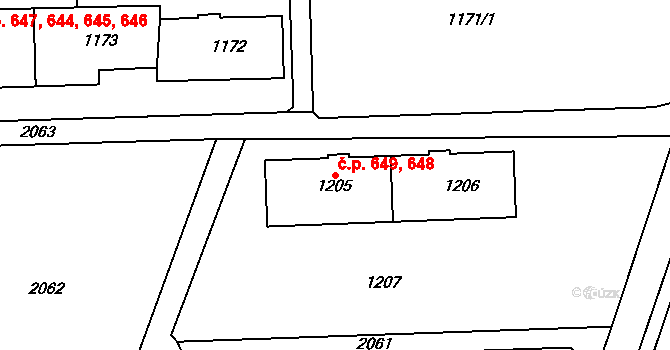 Kbely 648,649, Praha na parcele st. 1205 v KÚ Kbely, Katastrální mapa