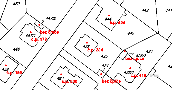 Kyje 284, Praha na parcele st. 423 v KÚ Kyje, Katastrální mapa