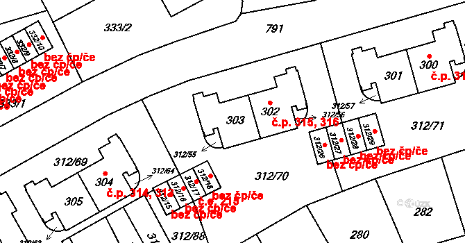 Letňany 315,316, Praha na parcele st. 303 v KÚ Letňany, Katastrální mapa