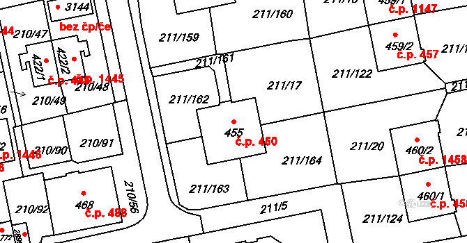 Sezimovo Ústí 450 na parcele st. 455 v KÚ Sezimovo Ústí, Katastrální mapa