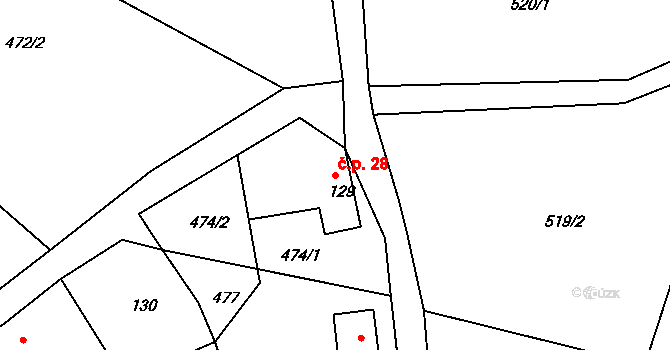 Roveň 28, Všelibice na parcele st. 129 v KÚ Všelibice, Katastrální mapa