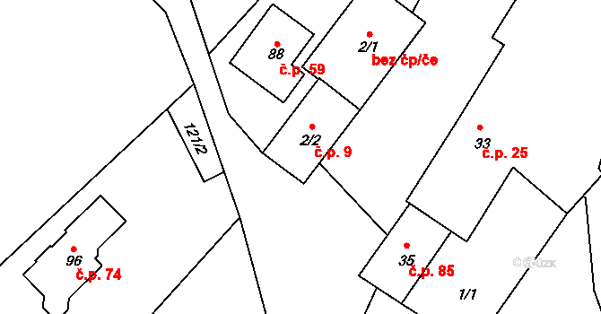 Pocoucov 9, Třebíč na parcele st. 2/2 v KÚ Pocoucov, Katastrální mapa