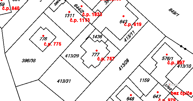 Hulváky 757, Ostrava na parcele st. 777 v KÚ Zábřeh-Hulváky, Katastrální mapa