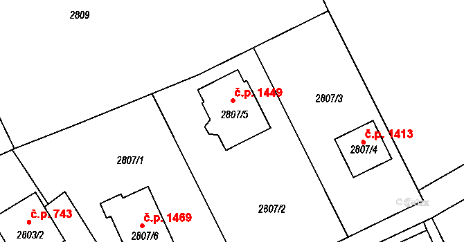 Radvanice 1449, Ostrava na parcele st. 2807/5 v KÚ Radvanice, Katastrální mapa
