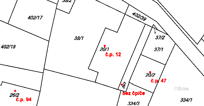 Jezbořice 12 na parcele st. 20/1 v KÚ Jezbořice, Katastrální mapa