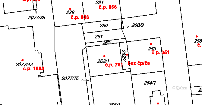 Třemošná 761 na parcele st. 262/1 v KÚ Třemošná, Katastrální mapa