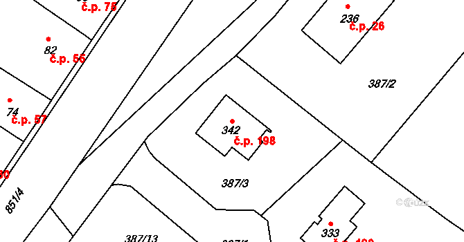 Třebichovice 198 na parcele st. 342 v KÚ Třebichovice, Katastrální mapa