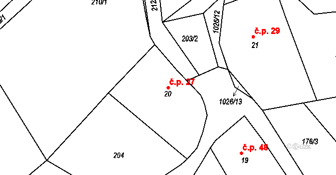 Domašín 27, Dobruška na parcele st. 20 v KÚ Domašín u Dobrušky, Katastrální mapa