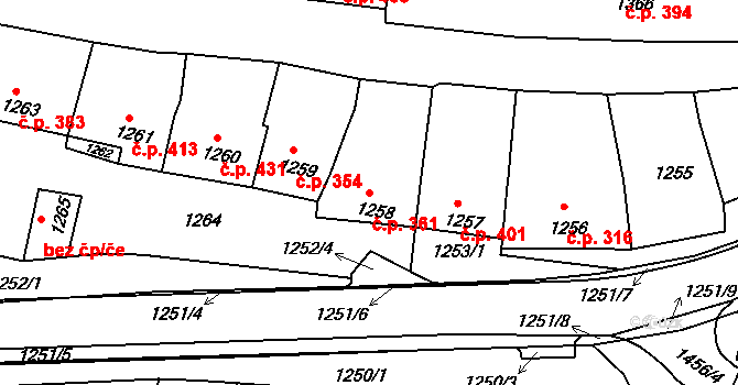 Klobouky u Brna 361 na parcele st. 1258 v KÚ Klobouky u Brna, Katastrální mapa