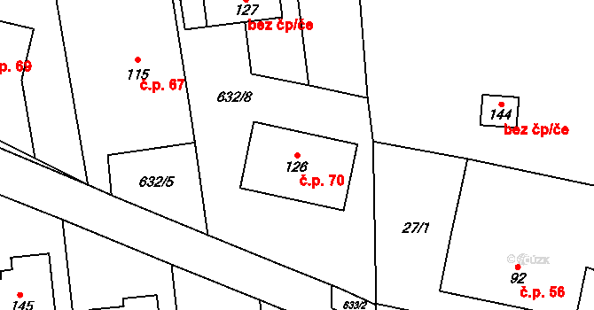 Rouské 70 na parcele st. 126 v KÚ Rouské, Katastrální mapa
