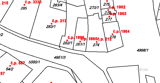 Přerov I-Město 1865, Přerov na parcele st. 281/1 v KÚ Přerov, Katastrální mapa