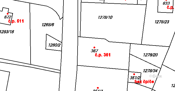 Kamenice 361 na parcele st. 367 v KÚ Kamenice u Jihlavy, Katastrální mapa
