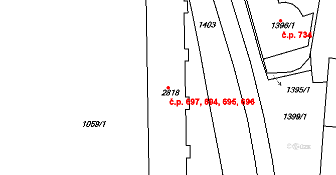 Židlochovice 694,695,696,697 na parcele st. 2818 v KÚ Židlochovice, Katastrální mapa