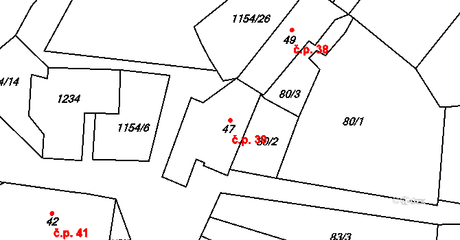 Děbolín 39, Jindřichův Hradec na parcele st. 47 v KÚ Děbolín, Katastrální mapa