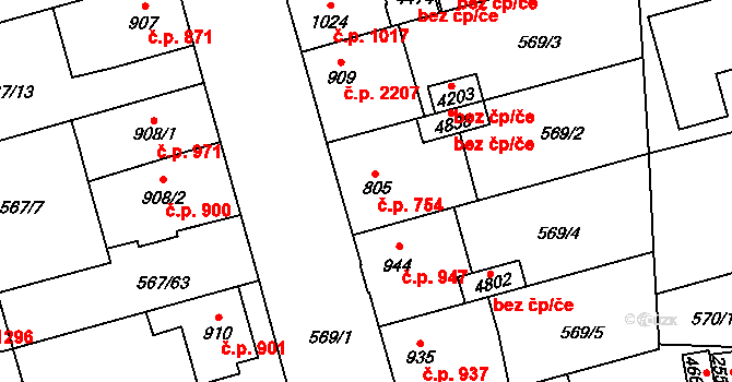 Blansko 754 na parcele st. 805 v KÚ Blansko, Katastrální mapa