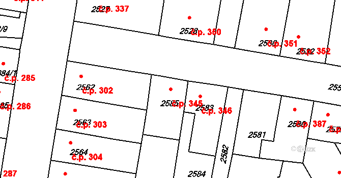 Mimoň I 345, Mimoň na parcele st. 2585 v KÚ Mimoň, Katastrální mapa