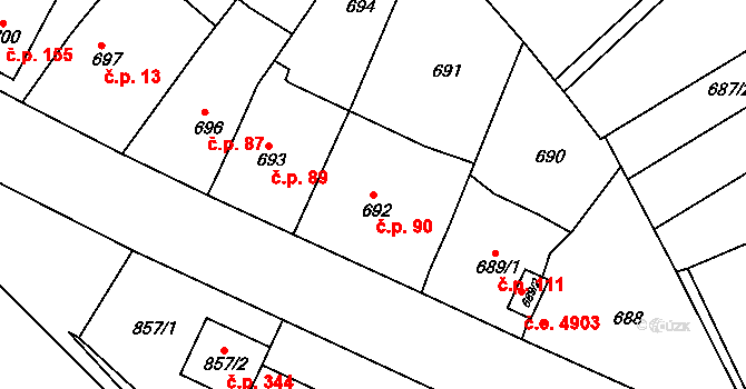 Skorotice 90, Ústí nad Labem na parcele st. 692 v KÚ Skorotice u Ústí nad Labem, Katastrální mapa