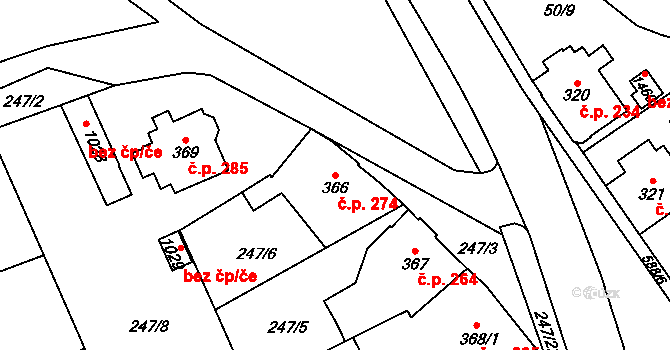 Jablonné nad Orlicí 274 na parcele st. 366 v KÚ Jablonné nad Orlicí, Katastrální mapa