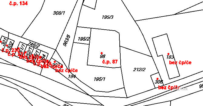Vrchoslav 87, Krupka na parcele st. 98 v KÚ Vrchoslav, Katastrální mapa