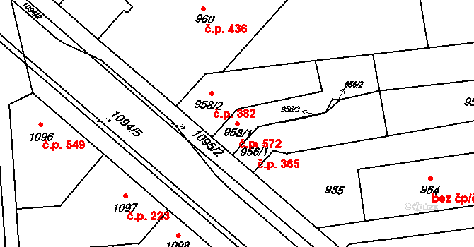 Tuřany 572, Brno na parcele st. 958/1 v KÚ Tuřany, Katastrální mapa