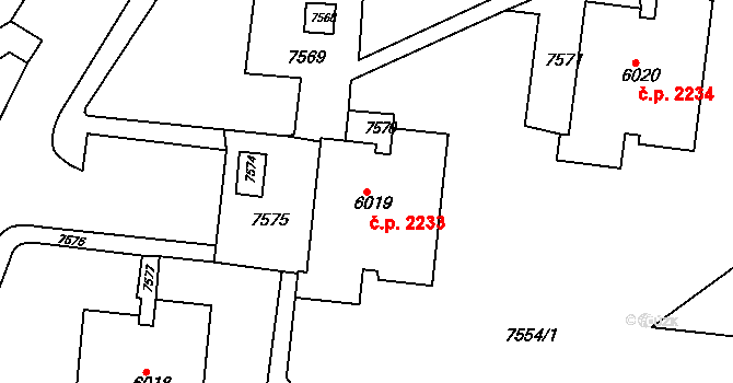Líšeň 2233, Brno na parcele st. 6019 v KÚ Líšeň, Katastrální mapa