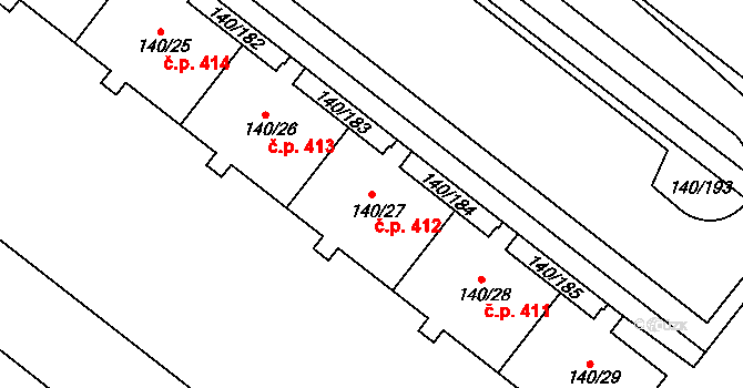 Lhotka 412, Praha na parcele st. 140/27 v KÚ Lhotka, Katastrální mapa
