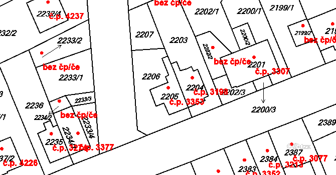 Chomutov 3353 na parcele st. 2205 v KÚ Chomutov II, Katastrální mapa