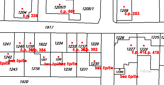 Zbýšov 362 na parcele st. 1232 v KÚ Zbýšov u Oslavan, Katastrální mapa