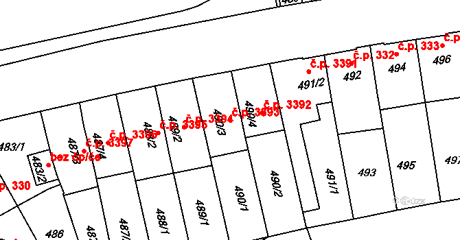 Prostějov 3393 na parcele st. 490/3 v KÚ Prostějov, Katastrální mapa