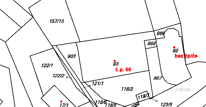 Mniší 66, Kopřivnice na parcele st. 93 v KÚ Mniší, Katastrální mapa
