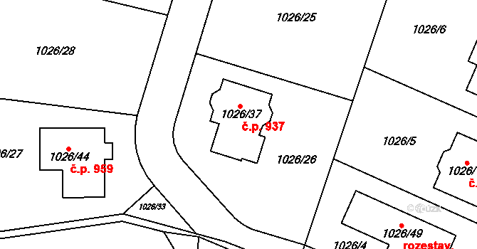 Ďáblice 937, Praha na parcele st. 1026/37 v KÚ Ďáblice, Katastrální mapa