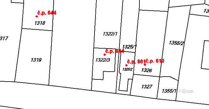 Klobouky u Brna 844 na parcele st. 1322/3 v KÚ Klobouky u Brna, Katastrální mapa