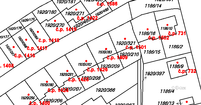 Uhříněves 1409, Praha na parcele st. 1920/283 v KÚ Uhříněves, Katastrální mapa