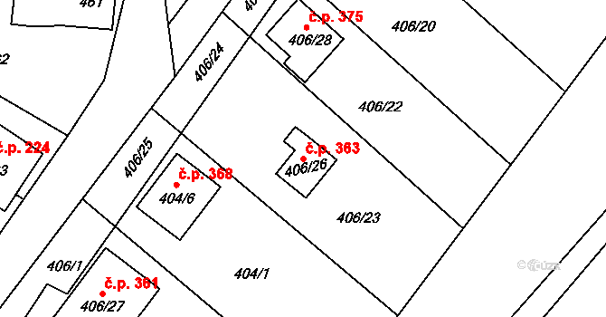 Donín 363, Hrádek nad Nisou na parcele st. 406/26 v KÚ Donín u Hrádku nad Nisou, Katastrální mapa