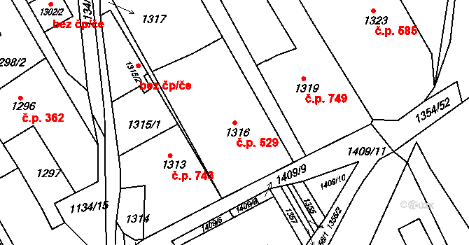 Buchlovice 529 na parcele st. 1316 v KÚ Buchlovice, Katastrální mapa