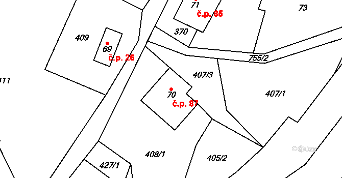 Dolní Hedeč 87, Králíky na parcele st. 70 v KÚ Dolní Hedeč, Katastrální mapa