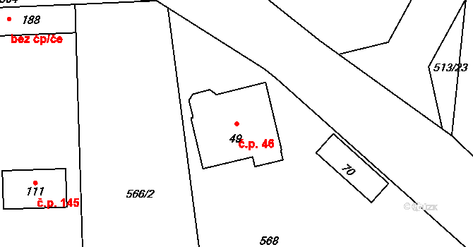 Kozinec 46, Holubice na parcele st. 49 v KÚ Kozinec, Katastrální mapa
