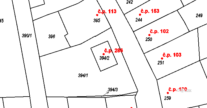 Silůvky 286 na parcele st. 394/2 v KÚ Silůvky, Katastrální mapa