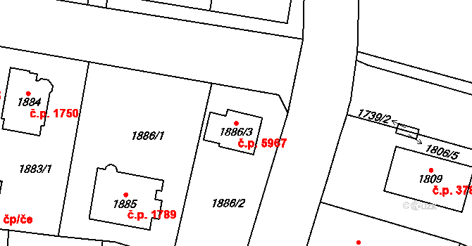 Chomutov 5967 na parcele st. 1886/3 v KÚ Chomutov I, Katastrální mapa