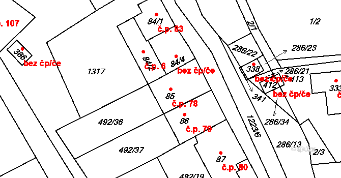 Šlapanov 78 na parcele st. 85 v KÚ Šlapanov, Katastrální mapa