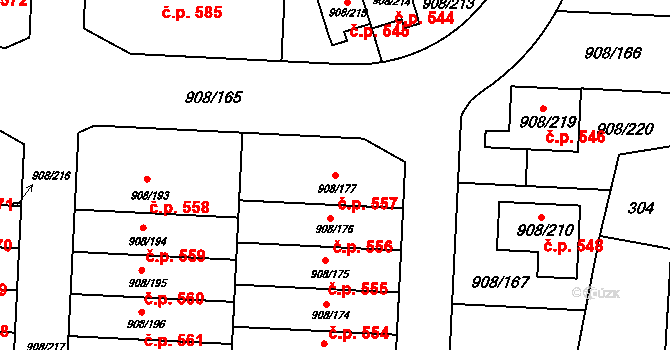 Zbůch 557 na parcele st. 908/177 v KÚ Zbůch, Katastrální mapa