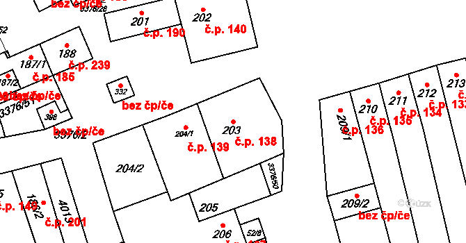 Uherčice 138 na parcele st. 203 v KÚ Uherčice u Hustopečí, Katastrální mapa