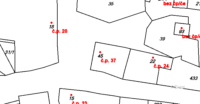 Těnovice 37, Spálené Poříčí na parcele st. 45 v KÚ Těnovice, Katastrální mapa